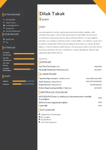 Eczacı CV Örnekleri cv indir
